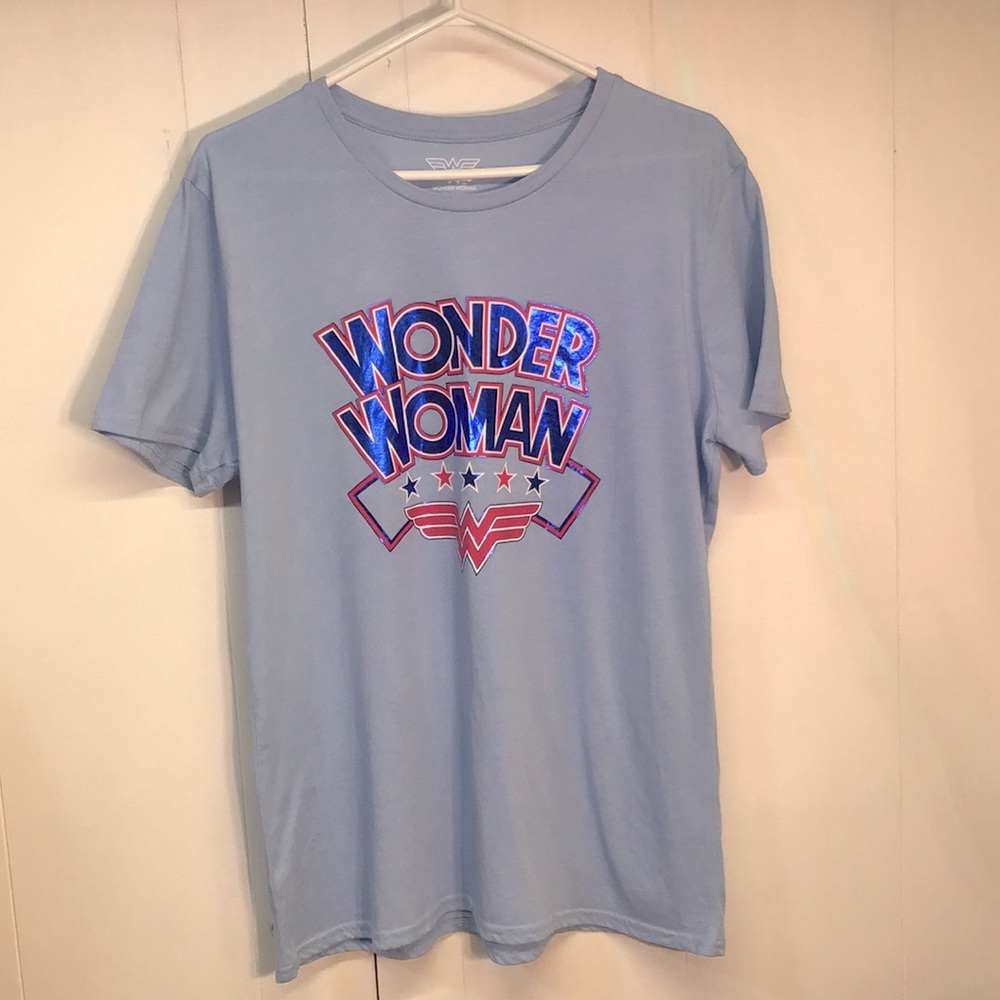 Wonder Woman tshirt light blue with metallic blue and fusia lettering XL